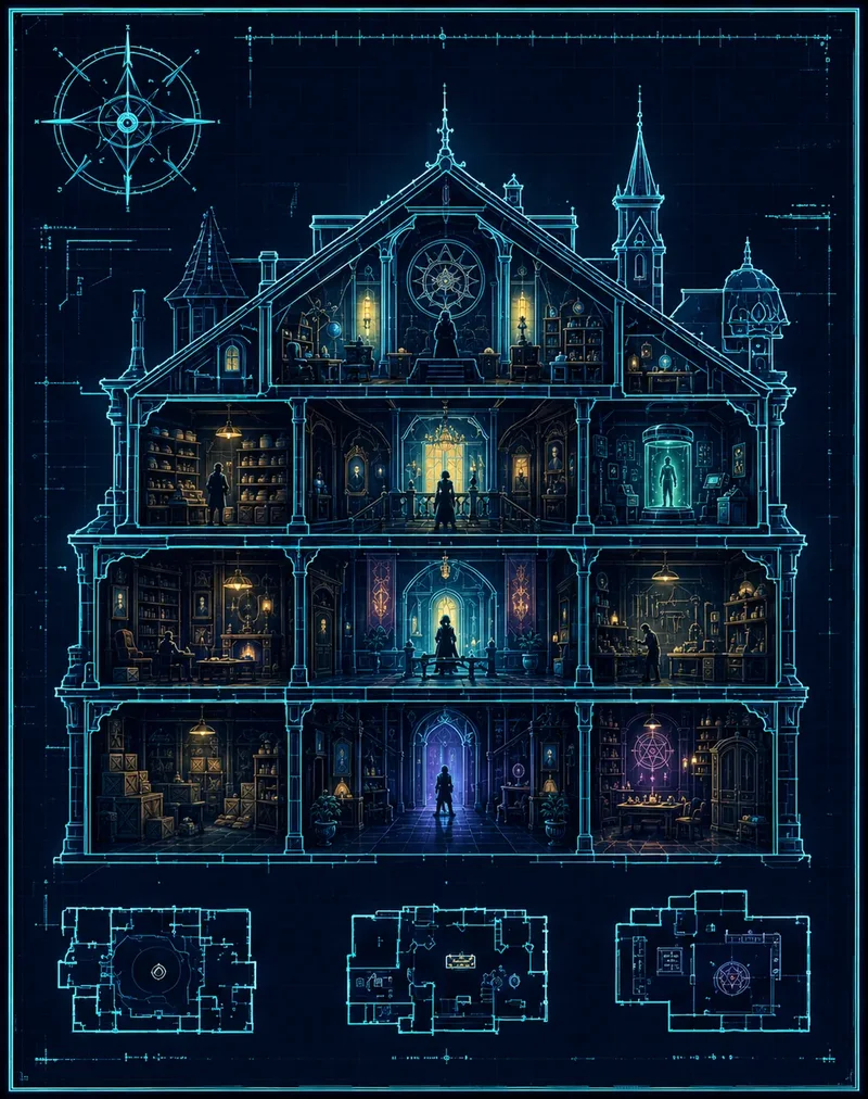 Blueprint illustration of the cursed mansion game concept